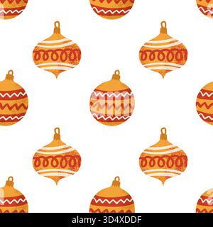 Nahtloses Retro-Weihnachtsschmuck-Muster Mit Vintage-Roten Und Orangefarbenen Kugeln Auf Beigem Feiertagshintergrund Stock Vektor