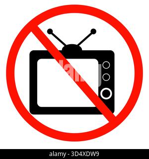 Kein TV-Symbol. Schild für verbotene Fernsehsendungen. Kein TV-Symbol. Sehen Sie kein TV-Piktogramm. Kein Fernsehsymbol. Warnung, Vorsicht, Achtung, Einschränkung. Flach s Stockfoto