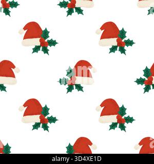 Weihnachtsmütze Vintage Nahtlose Feiertagsmuster Mit Roten Hüten Und Stechpalme-Grün Auf Weißem Weihnachtshintergrund Stock Vektor