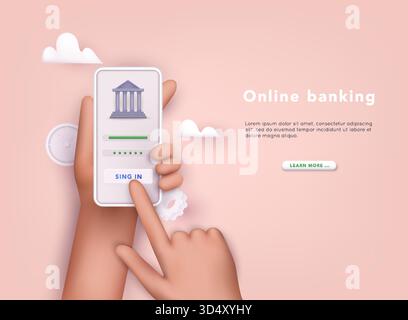 Online-Banking-App auf dem Bildschirm eines Mobiltelefons. 3D-Vektorabbildungen. Stock Vektor