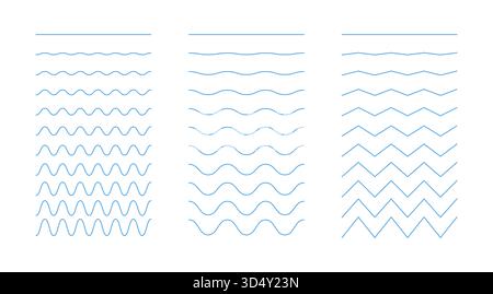 Wellige, kurvige, blaue Zickzack-Linien. Wasser, Fluss, See, Meer, Ozeansymbole. Unförmige einfache Ränder, horizontale Querlinien. Sinus, Flüssigkeit, Luft Stock Vektor