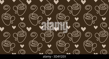 Kaffeetassen und dekorative Herzen nahtloses Muster eine durchgehende Linie minimalistisches flaches Design. Isolierte Vektor-Illustration Kaffee Thematische Karten Web-Banner, Broschüren, Etiketten Promo Hintergrund Tag Stock Vektor