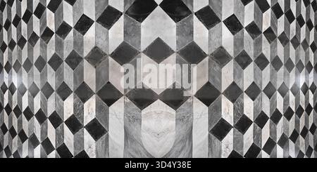 Horizontaler Hintergrund mit einem sich wiederholenden geometrischen Muster aus schwarzem und weißem Marmor mit 3D-Rautenformen. Elegant, raffiniert und architektonisch Stockfoto