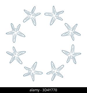 Seesterne im Linienstil mit kreisförmigem Rahmen. Perfekt für SEA LIFE und Ocean Concept für Sommerkarte. Stock Vektor