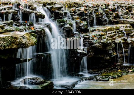 Blick auf einen gestuften Wasserfall, der über dunkle, moosige Felsen fällt und mit verstreuten Herbstblättern in Sharonville, Ohio, USA geschmückt ist. Stockfoto
