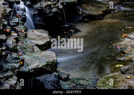 Blick auf das Wasser, das über moosige Felsen in einen flachen Bach stürzt und sanfte Wellen und Reflexionen in Sharonville, Ohio, USA, erzeugt. Stockfoto