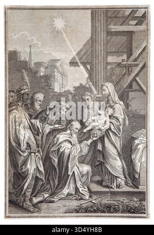 Illustration der Anbetung der Könige - die drei Weisen besuchen Jesus Christus mit Geschenken Gold, Weihrauch und Myrrhe aus einer Reve aus dem 18. Jahrhundert Stockfoto