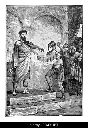 Illustration von Pontius Pilatus, der vor der Menge die Hände wäscht und sagt: "Ich bin unschuldig am Blut dieses gerechten Mannes" bei der Präsentation Stockfoto