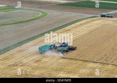 Ein Mähdrescher mit Traktor und Anhänger, der zusammen auf einem Maisfeld erntet Stockfoto