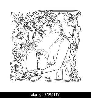 Vintage Art Nouveau Stil langes Haar Frau hält Blumentopf mit wilden Rosen Rahmen Erwachsene Malbuch Seite Stock Vektor
