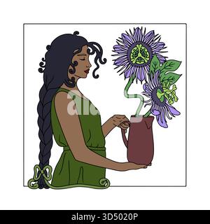 Vintage Art Nouveau Stil lange schwarze Haare Frau hält Blumentopf mit violetter Passiflora Stock Vektor