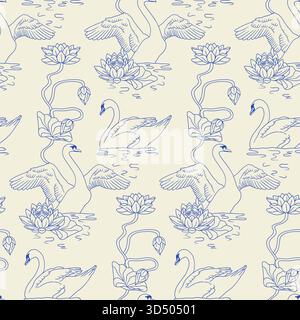 Monochromer Vintage-Art-Nouveau-Handgezeichneter Schwan, der im See schwimmt, mit nahtlosem Lotusmuster Stock Vektor