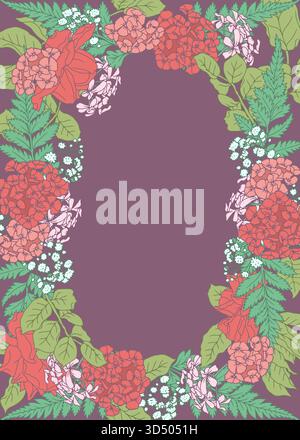 Schöne handgezeichnete Strichkunst rosa Rosenblüten und Blätter vertikaler ovaler Rahmen Stock Vektor