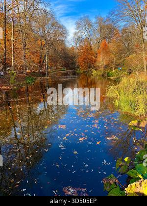 Wunderschöne Herbstlandschaft an hellen sonnigen Tagen. Bäume mit leuchtendem gelbem Laub wachsen am Ufer. Blauer Himmel spiegelt sich im Wasser. Gefallene Blätter Stockfoto