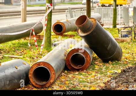 Rohre, die im Herbst in einem Stadtpark auf dem Boden liegen. Stockfoto