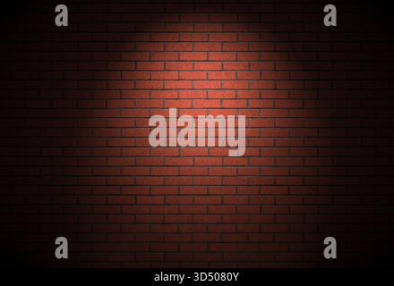 Nächtliche Backsteinwand Hintergrund dunkle Gasse Textur. Dramatische Atmosphäre mit Spotlight auf leere Gebäude echte Kulisse. Ziegelsteine aus laufendem Verbund Stockfoto