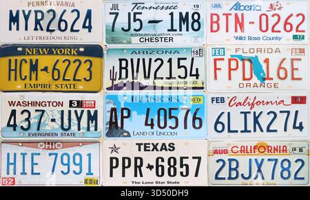 KIEW, UKRAINE - 18. OKTOBER 2025 viele US-Nummernschilder verschiedener staaten sind registriert. Viele US-Nummernschilder Stockfoto
