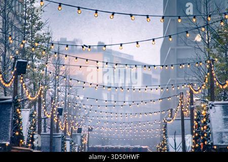 Eine magische Szene auf dem Zürcher Weihnachtsmarkt in der Schweiz, mit funkelnden Lichtern und Schneefall, die ein winterliches Wunderland und defokussiertes Bokeh schaffen Stockfoto