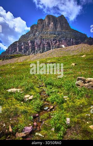 Mountain Peak and Alpine Meadow with Stream under Blue Sky Stockfoto