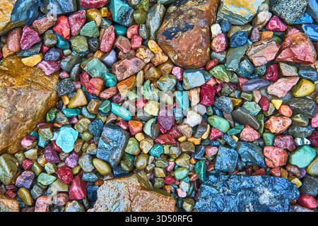 Farbenfrohe Lake Rocks Textur mit lebendigen Steinen in klarem Wasser Stockfoto
