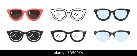 Brille transparente Linse und dunkle Sonnenbrille im modernen Rahmenset. Schlichte Umrisse, flach, Silhouette, Glyphen-Brille. Vintage Casual Glas minimalistisch stilvolle Brille, modisches Accessoire Stock Vektor