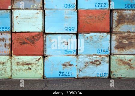 Stapel von nummerierten rostigen und lackierten Stahlkästen für Kartoffeln in blauen und roten Farben, die ein ordentliches Raster-abstrakt bilden Stockfoto