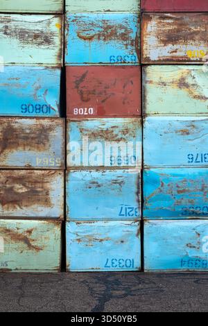 Stapel von nummerierten rostigen und lackierten Stahlkästen für Kartoffeln in blauen und roten Farben, die ein ordentliches Raster-abstrakt bilden Stockfoto