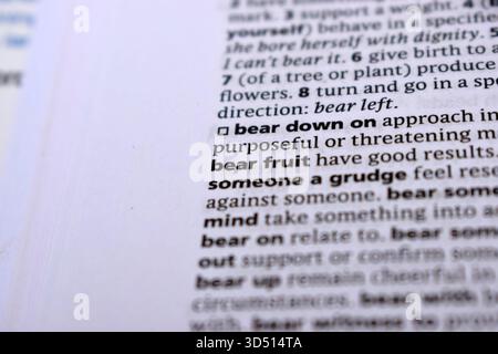 Englisch Definition Wörterbuch Seite Nahaufnahme des gedruckten Wortes von -Bear unten auf Stockfoto