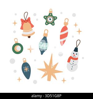 Weihnachtsbaumschmuck: Spielzeug, Schneemann, Uhr, Stern, Eiszapfen, Glocke. Niedliche Weihnachtsdekorationen. Vektor. Flaches Design, Cartoon-Stil. Stock Vektor