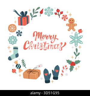 Handgezeichneter Weihnachtsrunder Rahmen, Kopierraum, Postkarte, Grußkarte. Kritzelnde Weihnachtsdekoration mit rundem Rahmen. Weihnachtsgeschenke, Süßigkeiten, Süßigkeiten, Kekse. Frohe Weihnachtsschrift. Vektor Stock Vektor