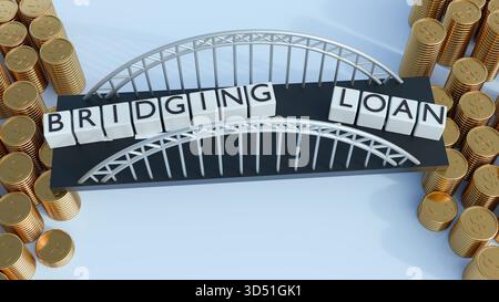 Eine 3D-Darstellung einer Bogenbrücke mit den Worten „BRÜCKENDARLEHEN“ und Goldmünzen Stockfoto