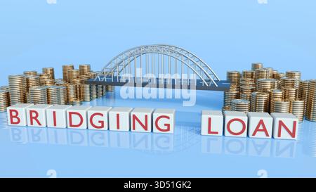 Eine 3D-Darstellung einer Bogenbrücke mit den Worten „BRÜCKENDARLEHEN“ und Goldmünzen Stockfoto