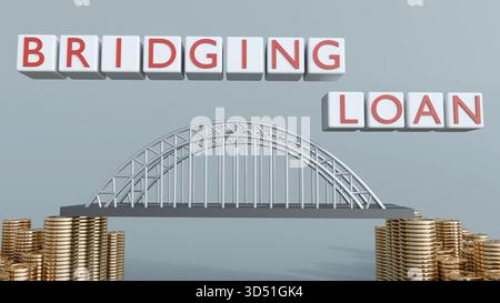 Eine 3D-Darstellung einer Bogenbrücke mit den Worten „BRÜCKENDARLEHEN“ und Goldmünzen Stockfoto