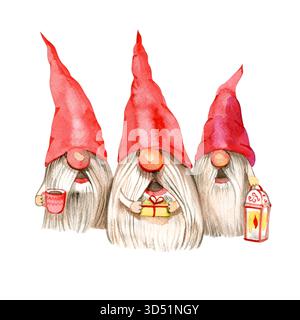 Aquarellillustration von drei Weihnachtszwergen, die Weihnachtslieder mit Laterne, Geschenk und Becher singen. Perfekt für festliche Karten, Winterdekor, Aufkleber und Stockfoto