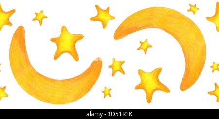 Nahtlose Grenze mit goldenen Sternen und einem Halbmond, handgezeichnet. Bleistiftzeichnung des nächtlichen Sternenhimmels auf isoliertem Hintergrund. Nahtlose Vorlage Stockfoto
