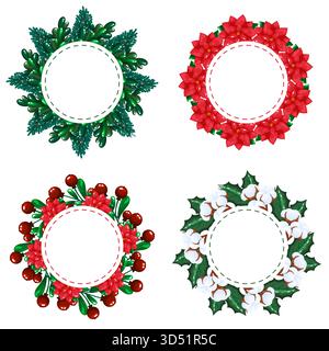 Eine lebendige Vektorkollektion mit vier bezaubernden runden Kranzrahmen, die mit Weihnachtsstern, Baumwolle, stechpalmenbeeren und Tannenzweigen verziert sind. Perfekt für Stock Vektor