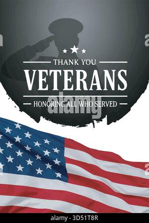 Vielen Dank, dass die Veteranen all jene ehren, die patriotische Illustration mit amerikanischer Flagge und Soldat dienten Stock Vektor