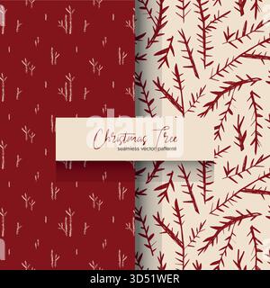 Weihnachtsbaumzweig nahtlose Vektormuster in warmen Rot- und Cremetönen für Weihnachtsdekor Textilien Geschenkverpackung und Branding gesetzt Stock Vektor