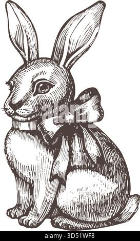 Vintage-Vektor-Illustration eines Kaninchens mit einer Schleife, gezeichnet in detaillierter Tinte Linie Kunst. Perfekt für Osterkarten, cottagecore-Drucke, natürliche Verpackungen Stock Vektor
