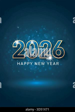 Luxuriöser goldener Text zum Happy New Year 2026 auf dunkelblauem Hintergrund mit Grußkartendesign Stock Vektor