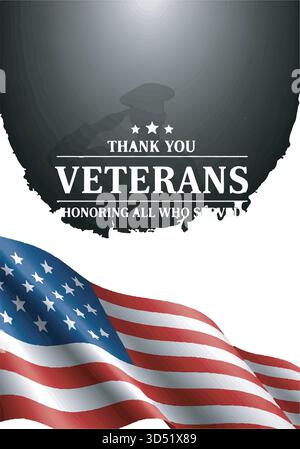 Vielen Dank, dass die Veteranen all jene ehren, die patriotische Illustration mit amerikanischer Flagge und Soldat dienten Stock Vektor