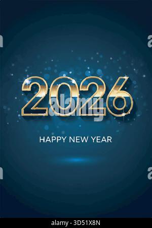 Luxuriöser goldener Text zum Happy New Year 2026 auf dunkelblauem Hintergrund mit Grußkartendesign Stock Vektor