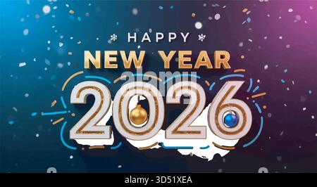 Moderner Happy New Year 2026 Feiertagsbanner Hintergrund mit goldenen Ornamenten und Bokeh-Lichtern Stock Vektor