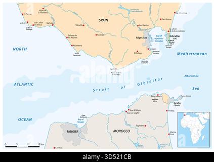 Vektorkarte der Straße von Gibraltar, Wasserstraße zwischen Spanien und Marokko Stockfoto