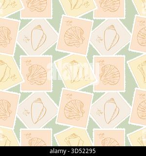 Reise-Marinemuster mit Briefmarken mit Muschelkontur handgezeichnet, Sommerurlaub. Vektorabbildung Stock Vektor