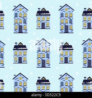 Dieses Design zeigt Reihen von bezaubernden blauen Häusern mit verschneiten Dächern vor einem hellblauen Hintergrund. Die warmen Fenster sorgen für ein gemütliches Gefühl auf einer Decke Stock Vektor