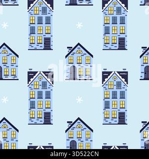 Ein sich wiederholendes Design zeigt skurrile Häuser in Blau- und Gelbtönen vor einem hellblauen Hintergrund, die ein helles und fröhliches Muster erzeugen Stock Vektor