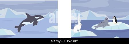 In einer ruhigen arktischen Umgebung liegt eine Robbe auf einer Eisscholle, während ein Pinguin in der Nähe steht. Ein weißer Hase beobachtet die Szene, umgeben von schneebedeckten Bergen Stock Vektor
