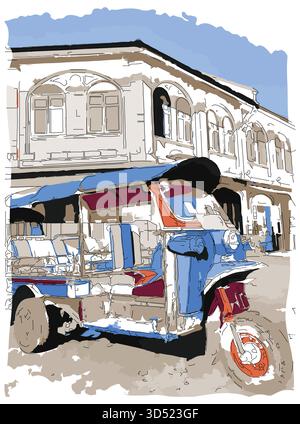 Impressionistisches Gemälde im Skizzenstil, Tuk-Tuk, ein dreirädriges Taxi in Bangkok, Thailand, digitales Illustrationsvektorbild Stock Vektor