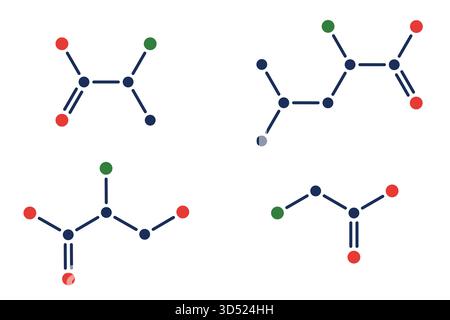 Aminosäuren Glycin (Gly), Alanin (Ala), Serin (Ser) und Leucin (Leu) Molekularstrukturen. Vektorabbildung Stock Vektor
